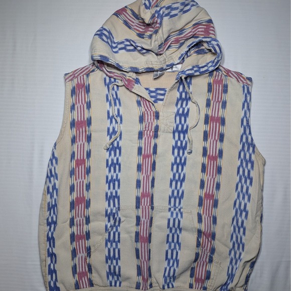 Classic KIKOMO Authentic Jackets & Blazers - Vintage Kikomo Sleeveless Baja Poncho Hoodie Vest S Striped Cotton Boho Surf